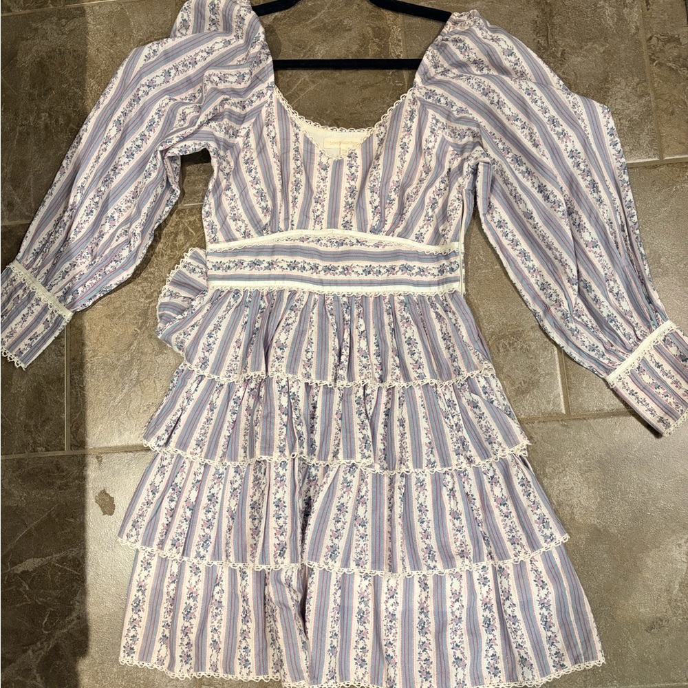 LoveShackFancy Lavender and White Tiered Puff-Sleeve Dress